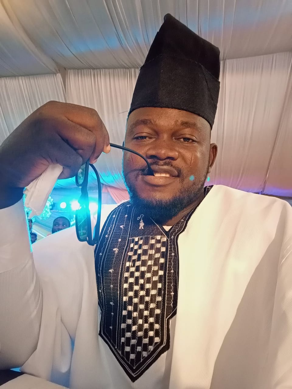Bernard Okpe in elegant traditional Nigerian attire at a cultural event